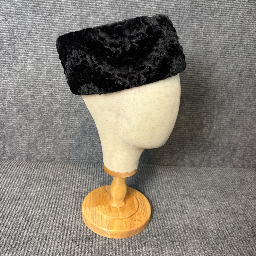 Vintage Black Crushed Velvet Pillbox Hat Floral Embossed Formal Cocktail Church